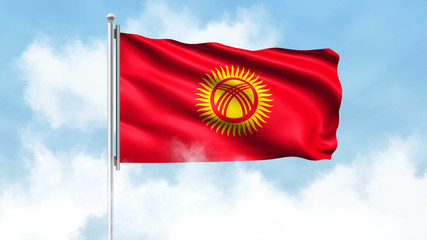 Kyrgyzstan Flag Waving with Clouds Sky Background