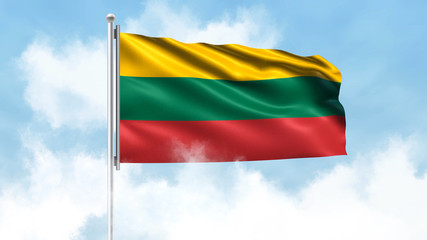 Lithuania Flag Waving with Clouds Sky Background