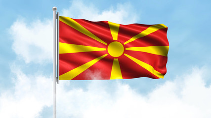 North Macedonia Flag Waving with Clouds Sky Background