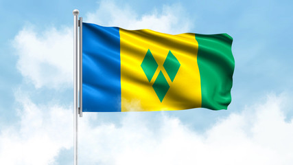 Saint Vincent and the Grenadines Flag Waving with Clouds Sky Background