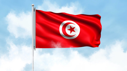 Tunisia Flag Waving with Clouds Sky Background