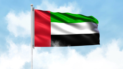 Fototapeta na wymiar United Arab Emirates Flag Waving with Clouds Sky Background