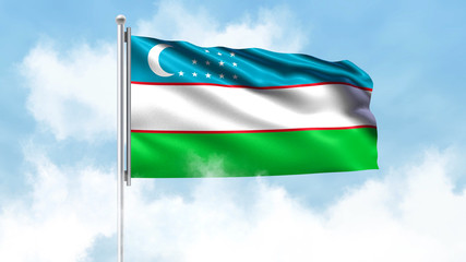 Fototapeta na wymiar Uzbekistan Flag Waving with Clouds Sky Background