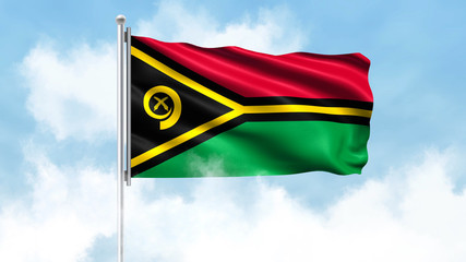 Vanuatu Flag Waving with Clouds Sky Background