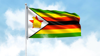 Zimbabwe Flag Waving with Clouds Sky Background