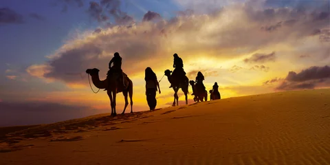 Foto op Canvas Caravan van kameel in de Saharawoestijn van Marokko bij zonsondergang © MICHEL