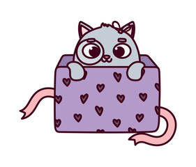 happy valentines day, cute little cat coming out of gift box hearts love