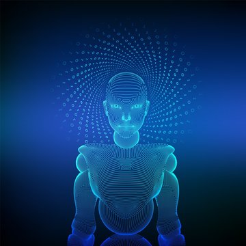 Wireframe female cyborg or robot. Abstract cyber woman. Sci-Fi cybernetic robot with AI. Machine learning and artifactial intelligence technology concept. Digital brain. Vector illustration.