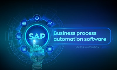 SAP Business process automation software. ERP enterprise resources planning system concept on virtual screen. Robotic hand touching digital interface. AI. Artificial intelligence. Vector illustration.