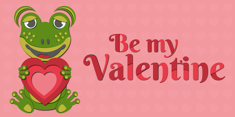 A Valentine's Day vector drawing of a cute paper cut out bunny holding a red heart in its paws. The animal is green on a pink background. Includes “Be my valentine” caption (inscription).