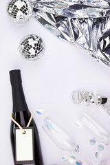 white silver party decoration event flatlay light wedding event celebration decoration confetti glas eating table cute paper plate black white metallic