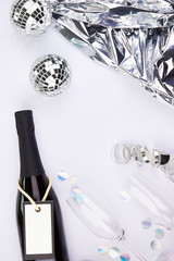 white silver party decoration event flatlay light wedding event celebration decoration confetti glas eating table cute paper plate black white metallic