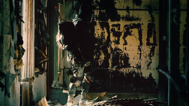Nomad Soldier Wanderer Exploring Abandoned Building