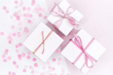 pink girly party gift box ribbon satin baby shower confetti rose delicate cute sweet rose pastel girly girl background