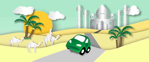 Landscape of the desert with car and man riding on camels and mosques,vector or illustration with paper art style