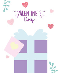 happy valentines day, gift box and card heart love leaves
