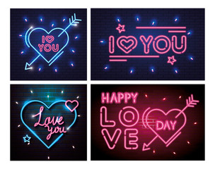 set of lettering of neon light for valentines day
