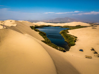 Aerial view of Amazing lake in middle of the desert in Pisco, Peru. Moron Lake.