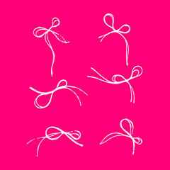 Set of thread scribble bows, double-looped knots for presents wrapping, Valentines day gift box decoration. Outline abstract scrawl sketch. Vector stock illustration of chaotic doodle shapes. EPS 10
