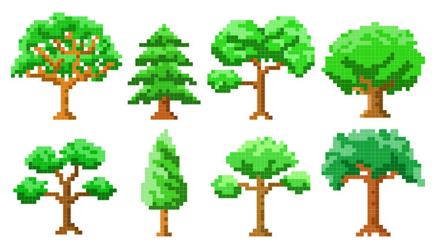 Pixel Art Trees Isolated Vector Set