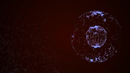Abstract blockchain moving lines and dots over planet with glowing nucleus inside and particles glittering around.