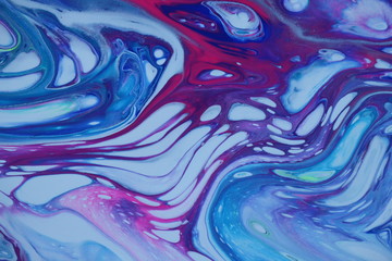 Fototapeta na wymiar White cells bend and stretch through shades red and blue in this abstract arylic pour painting for background use.