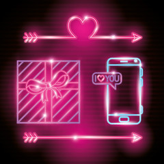set of valentine icons in neon light vector illustration design