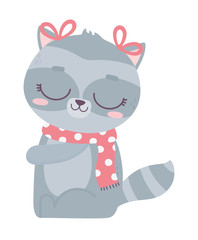 cute animal female raccoon with scarf and bows cartoon character