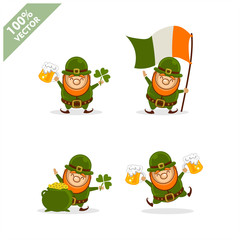 Saint Patrick's Day. Funny Leprechaun with four different poses activity. Vector illustration cartoon isolated silhouette