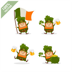 Saint Patrick's Day. Funny Leprechaun with four different poses activity. Vector illustration cartoon isolated silhouette