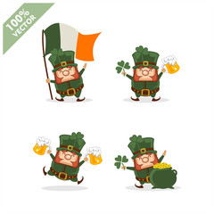 Saint Patrick's Day. Funny Leprechaun with four different poses activity. Vector illustration cartoon isolated silhouette