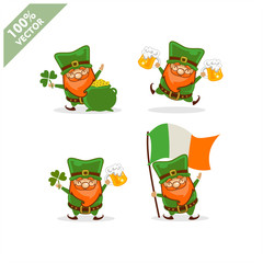 Saint Patrick's Day. Funny Leprechaun with four different poses activity. Vector illustration cartoon isolated silhouette