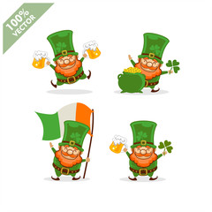 Saint Patrick's Day. Funny Leprechaun with four different poses activity. Vector illustration cartoon isolated silhouette