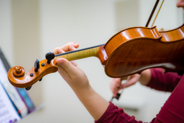 Close up of hand on neck of violin from behind © Jo