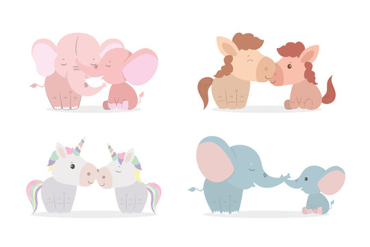 Elephants horses and unicorns mothers and cubs vector design