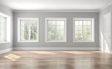 Foto op Plexiglas Classical empty room interior 3d render,The rooms have wooden floors and gray walls ,decorate with white moulding,there are white window looking out to the nature view. © onzon