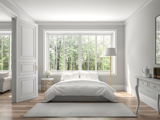 Classical bedroom and living room 3d render,The rooms have wooden floors and gray walls ,decorate with white and gold furniture,There are large window looking out to the nature view. © onzon