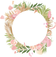 watercolor dried palm leaves tropical flower floral frame with flowers isolated hand painted illustration