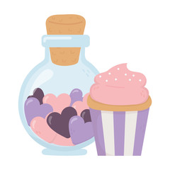 happy valentines day, jar bottle with hearts and sweet cupcake