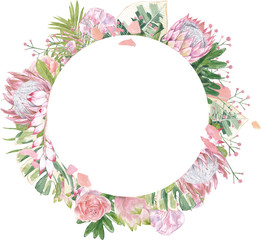 floral frame with tropical palm flowers watercolor