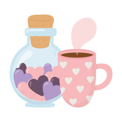 happy valentines day, hot coffee cup and bottle glass hearts love