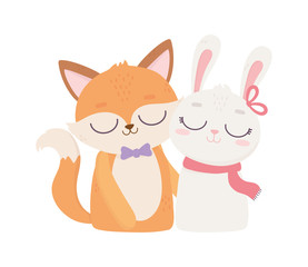 happy valentines day, cute animals fox and rabbit cartoon