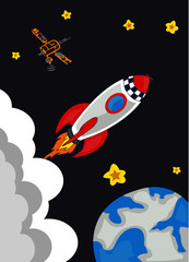 Fototapeta na wymiar Rocket ship vector, earth, satellite, clouds and stars 