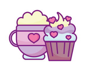 happy valentines day, coffee cup and sweet cupcake snack love hearts