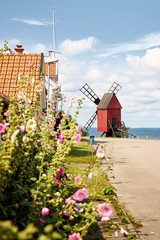 Street with flowers towards a windmill on shore edge facing Kalmarsund on the swedish island Oland.