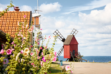 Street with flowers towards a windmill on shore edge facing Kalmarsund on the swedish island Oland.