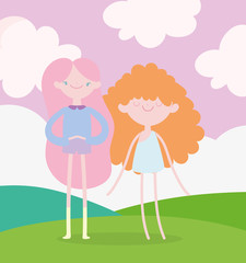 happy valentines day, cute girl with long hair and cupid in the field