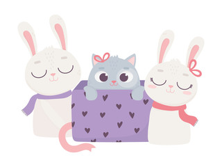 Obraz na płótnie Canvas happy valentines day, little cat on gift box and cute rabbits with scarf