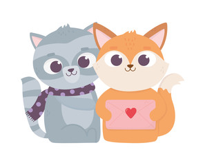 happy valentines day, cute animals cat and fox with message love