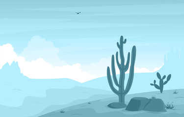 Day in Vast Western American Desert with Cactus Horizon Landscape Illustration